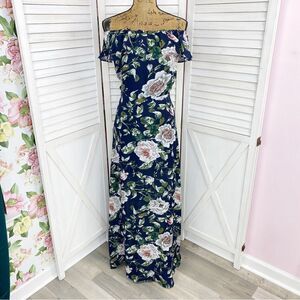 Betsey Johnson Floral Off The Shoulder Maxi Dress Navy Blue White 4